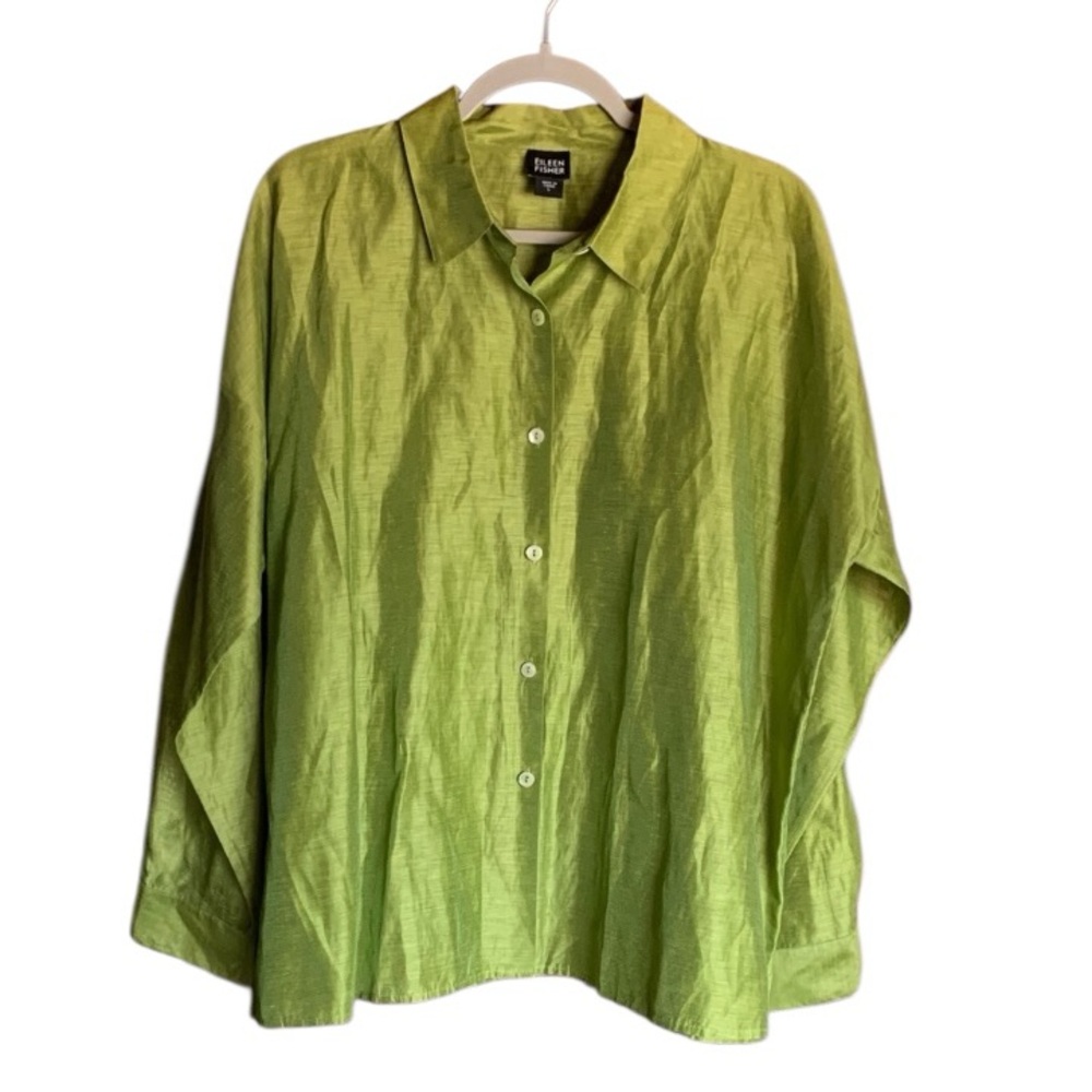 Eileen Fisher Lime Green Button-Front Lightweight Shirt